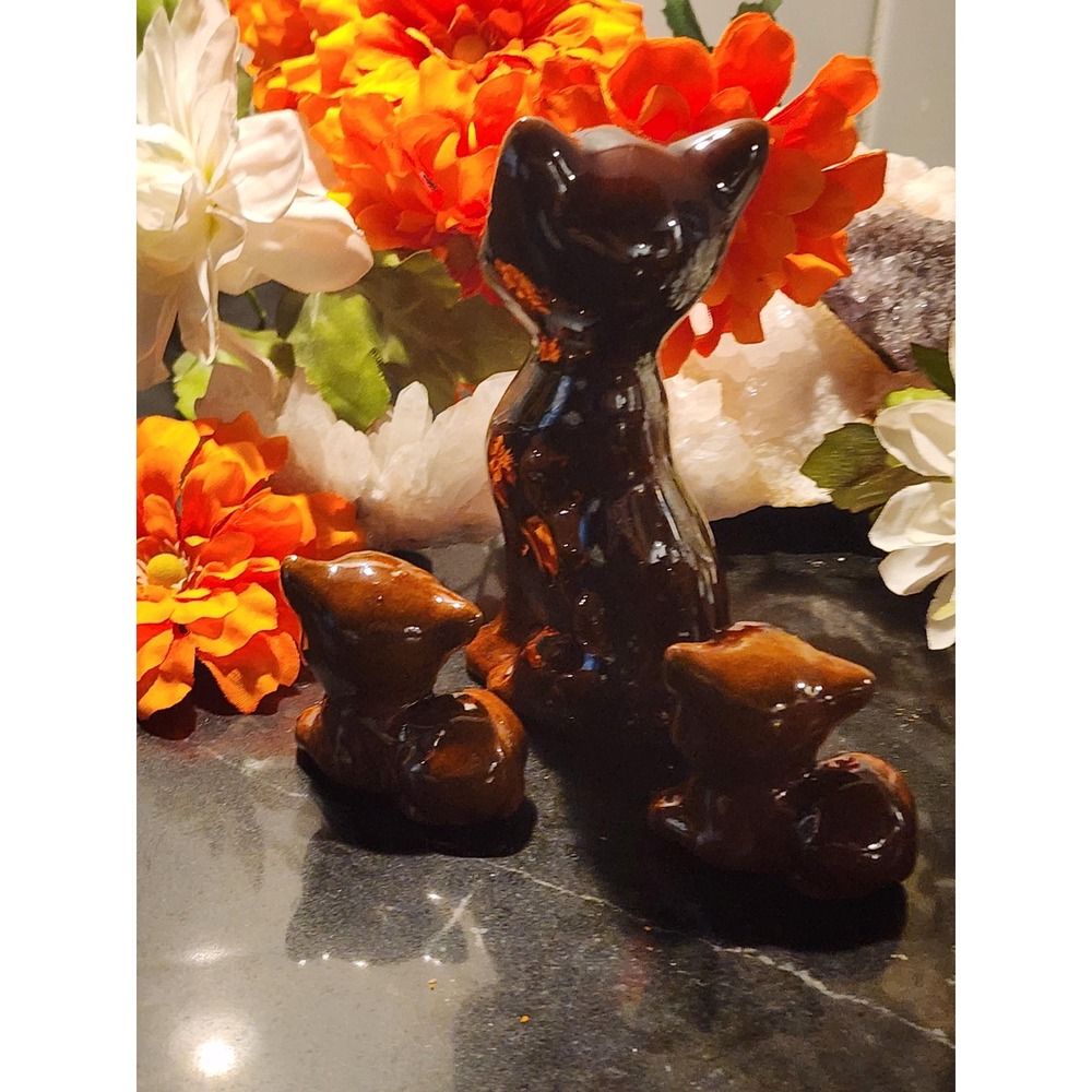 Vintage Ceramic Cat Figurine Trio 1950s Japan Enterprise Exclusive Brown Glossy - Picture 4 of 5